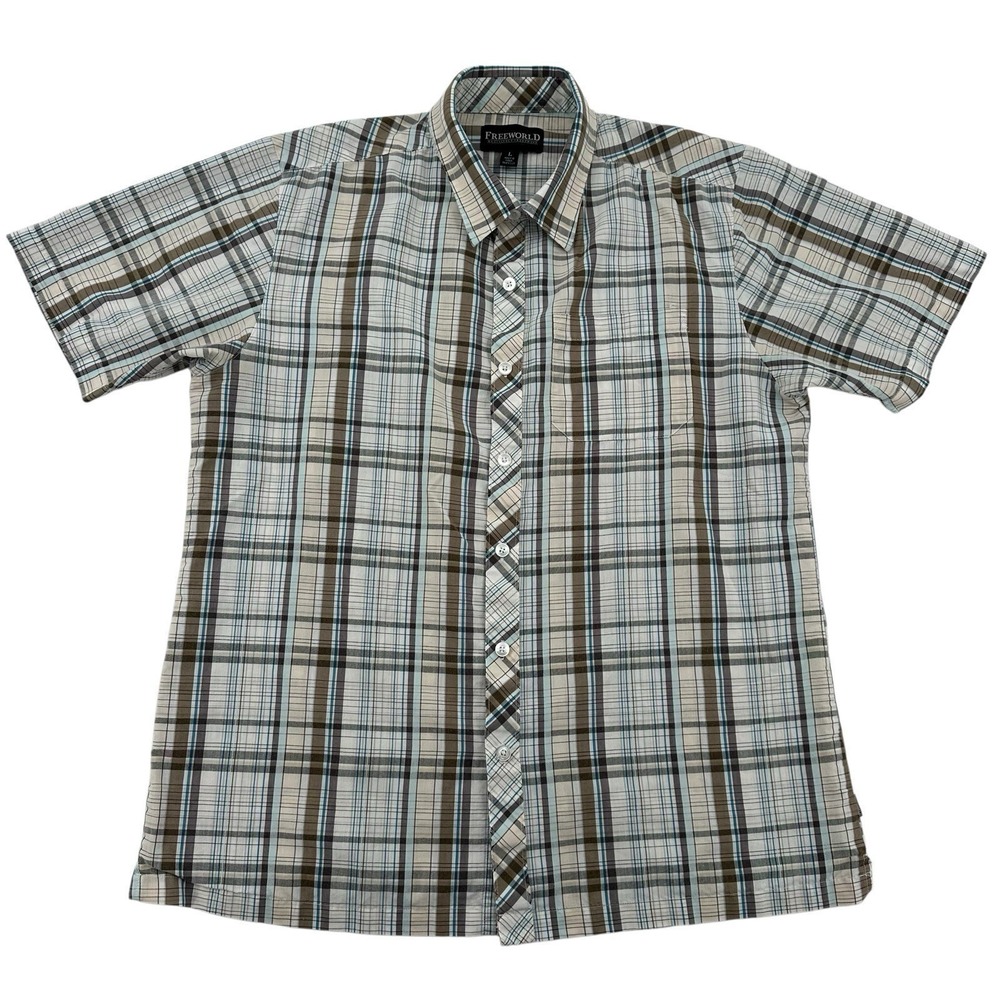 Free World Plaid Short Sleeve Button Down Shirt Brown Blue Western Men Large